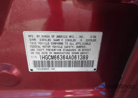 2005 Honda Accord 2.4 Lx from USA, damaged, VIN 1HGCM56495A124800